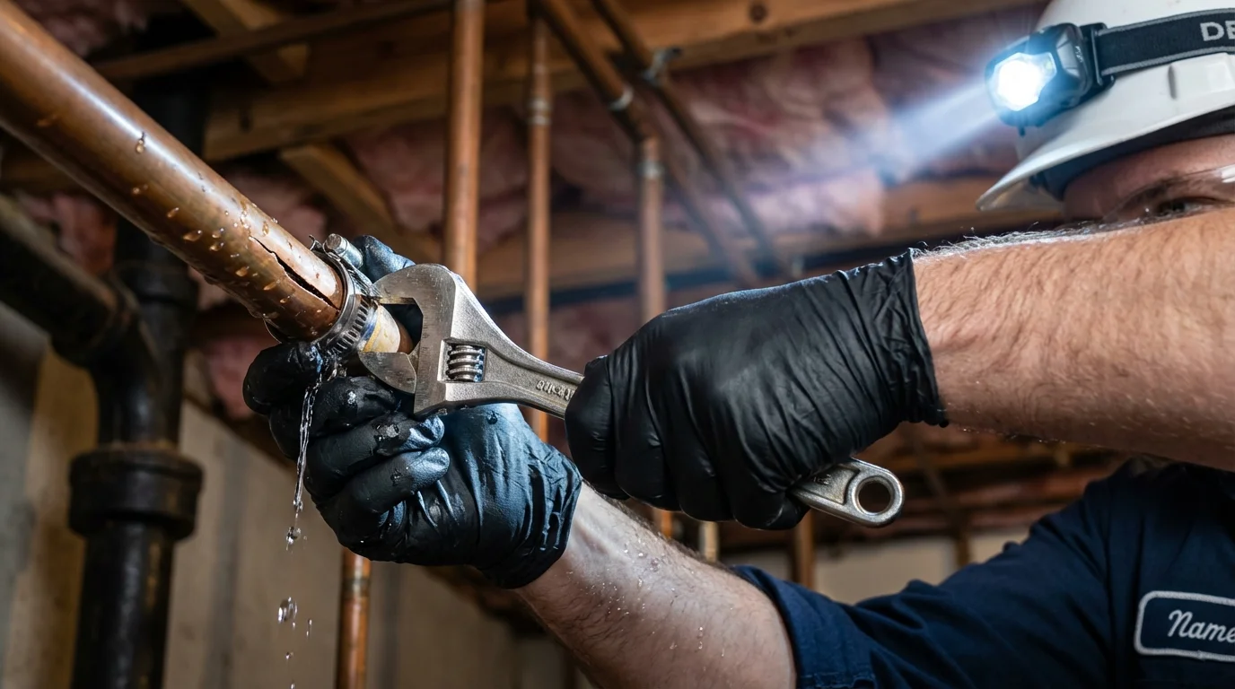 Emergency pipe clamp repair being performed by a Johns Plumbing LLC plumber in Victoria