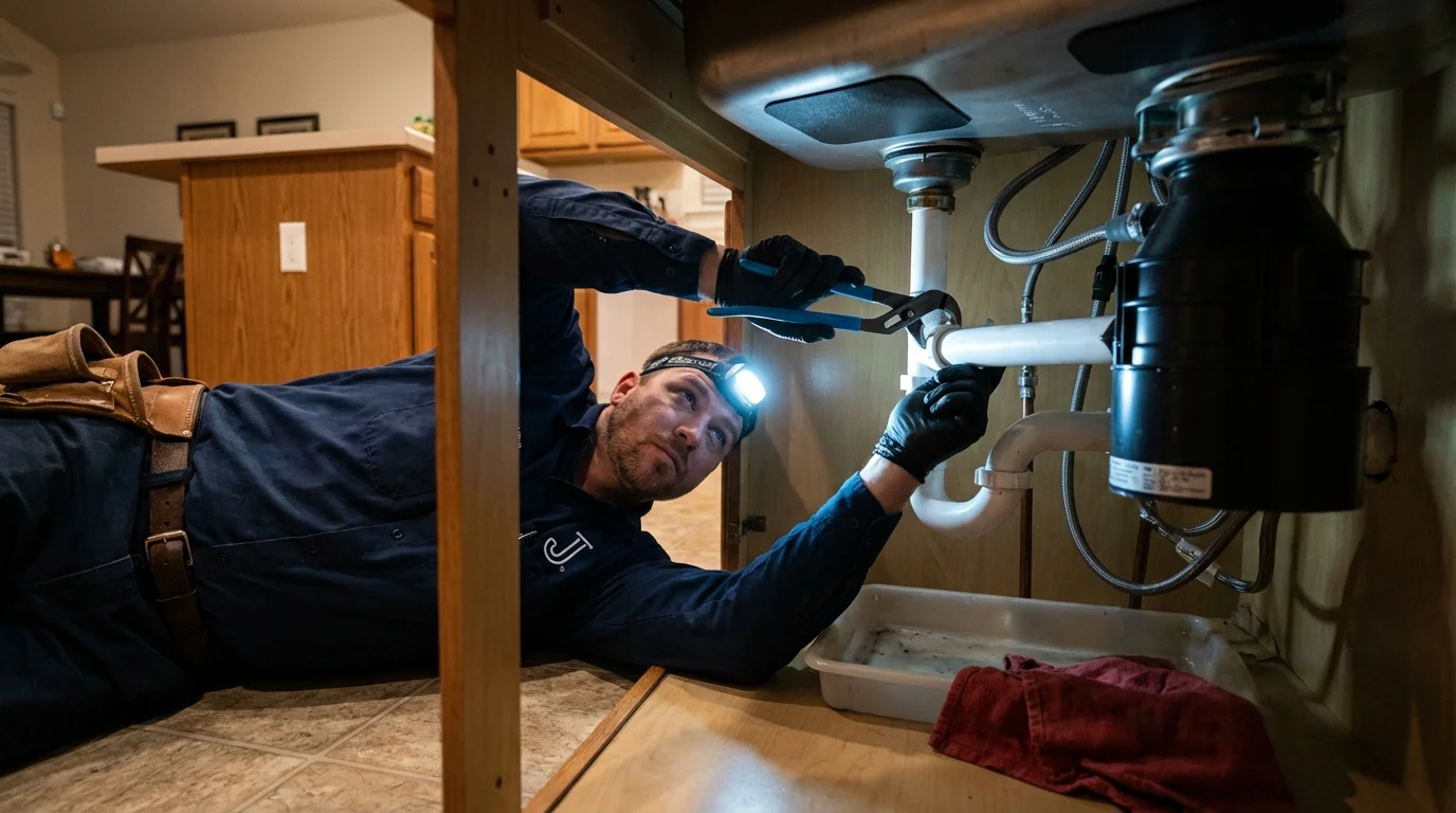 P-trap and supply line connections under a kitchen sink showing a common leak point in Victoria, VA